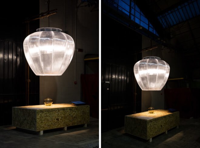 semi-translucent lamp above wood table