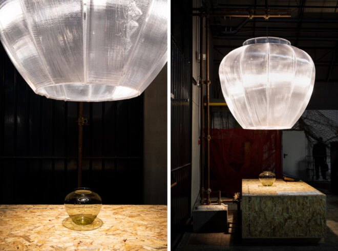 semi-translucent lamp above wood table
