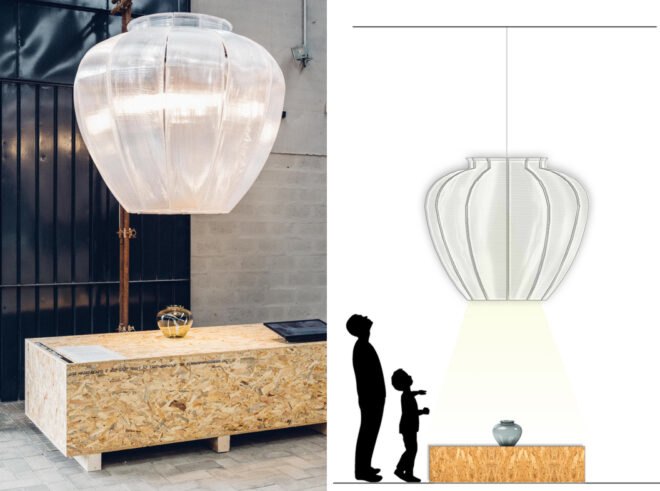 Lamp above a wood table and a diagram of a lamp