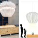 Lamp above a wood table and a diagram of a lamp