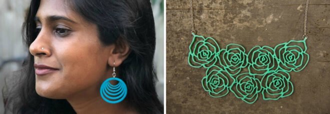 On the left, profile of a woman with colorful pendant earrings. On the right, green floral necklace.