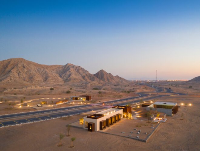 aerial view of concrete building in a desert