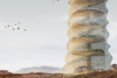 rendering of curvy skyscraper on a wild landscape