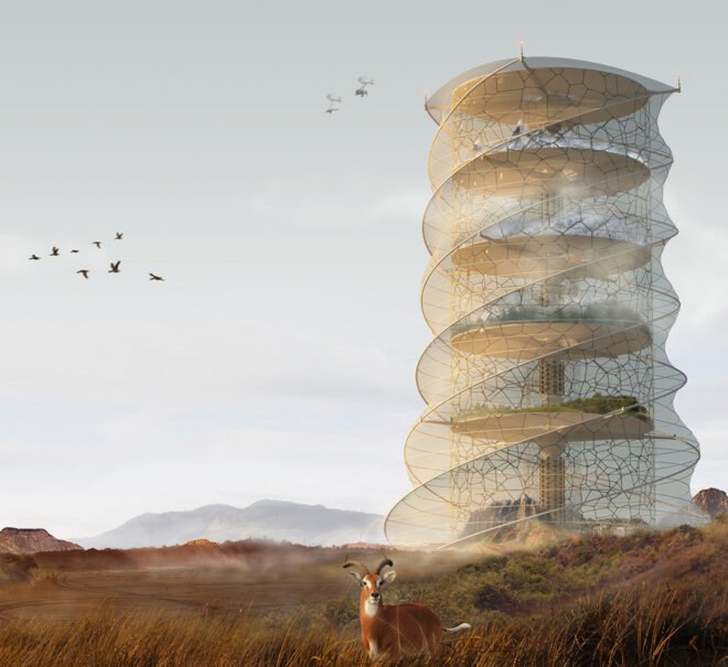 rendering of curvy skyscraper on a wild landscape