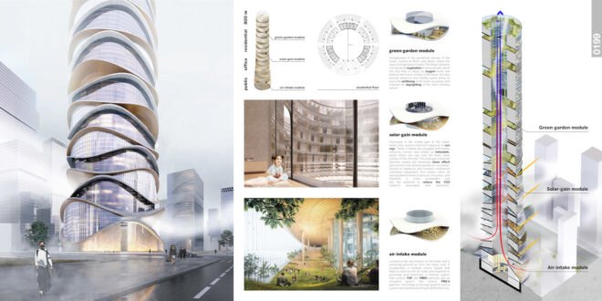 Rendering of high-rise in a smoggy city