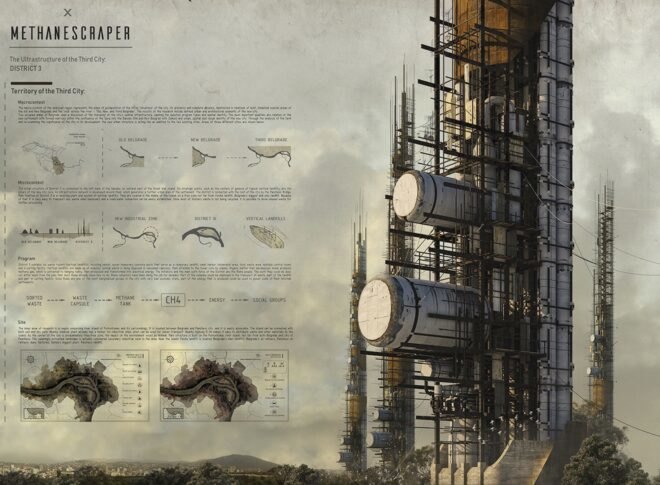 Rendering of tower with multiple white containers