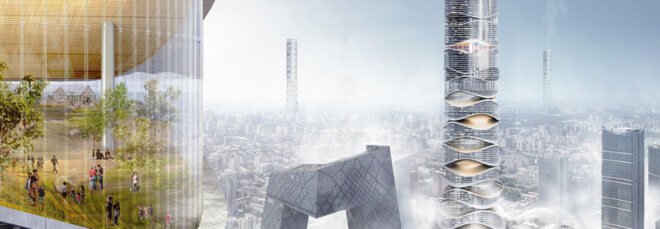 rendering of high-rises in a smoggy city