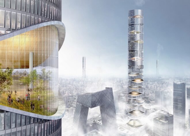 rendering of high-rises in a smoggy city
