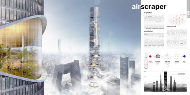 rendering of silver high-rise with curving sections