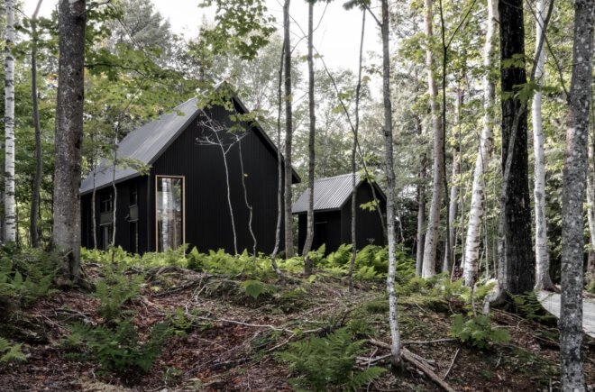 two black cabins with pitched roofs surrounded by greenery