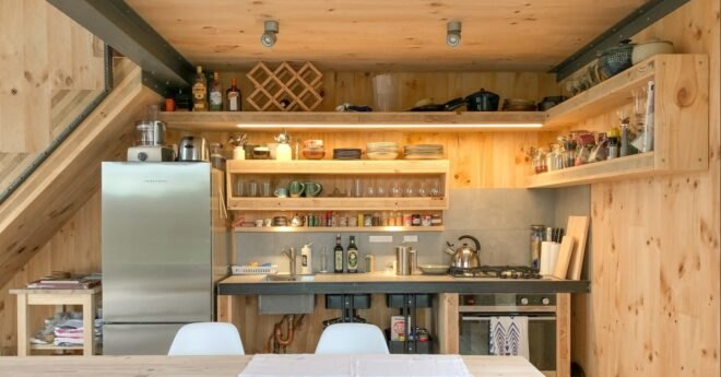 kitchen space with shelving