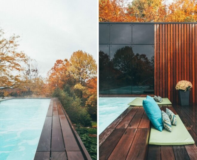 steaming pool in front of wood building