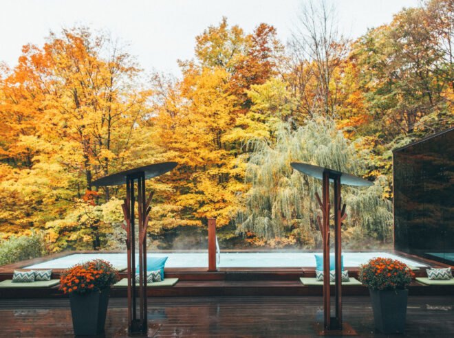 steaming infinity pool and wood deck