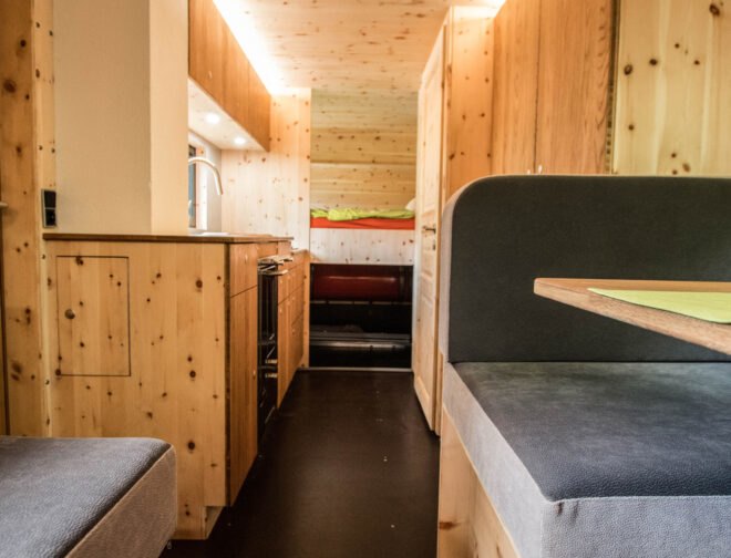 wood-clad interior of RV