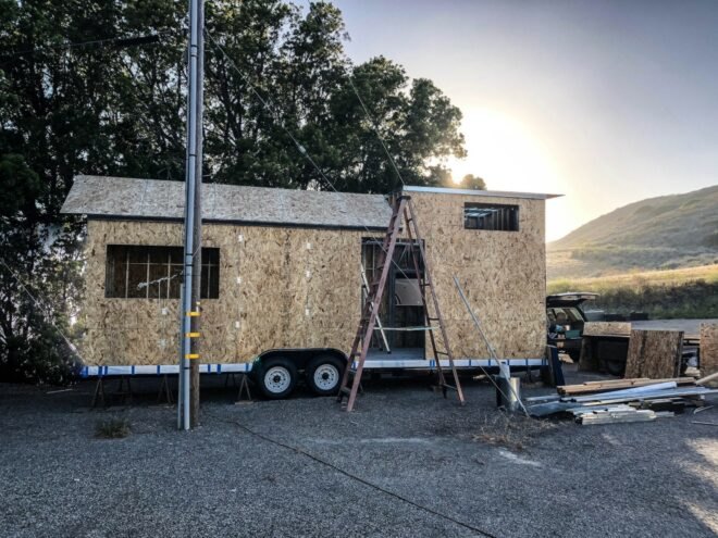 frame of tiny home on a wheeled trailer