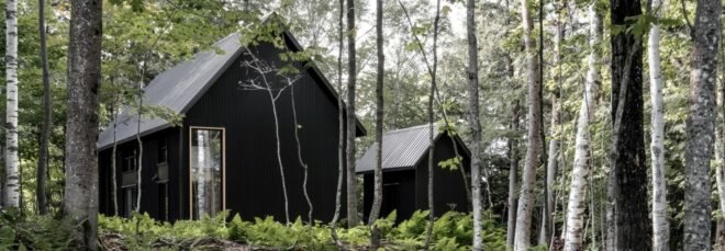 two black cabins with pitched roofs surrounded by greenery