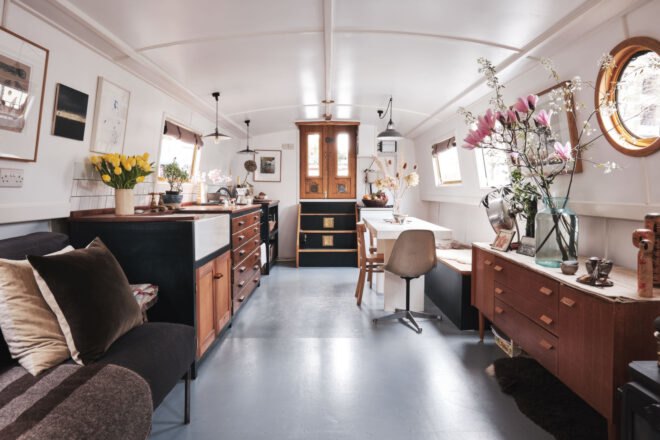 wide shot of living space inside house boat