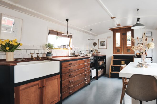 galley kitchen with wooden cabinetry