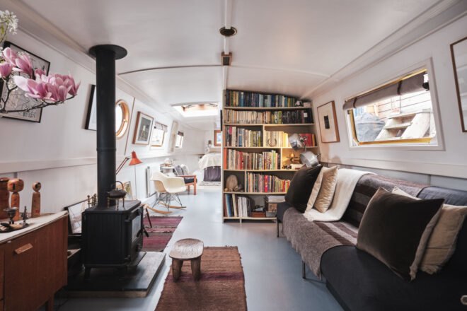 wide shot of living space inside house boat