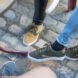 group of people wear light brown, green and blue shoes