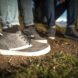 up close view of gray and white shoe