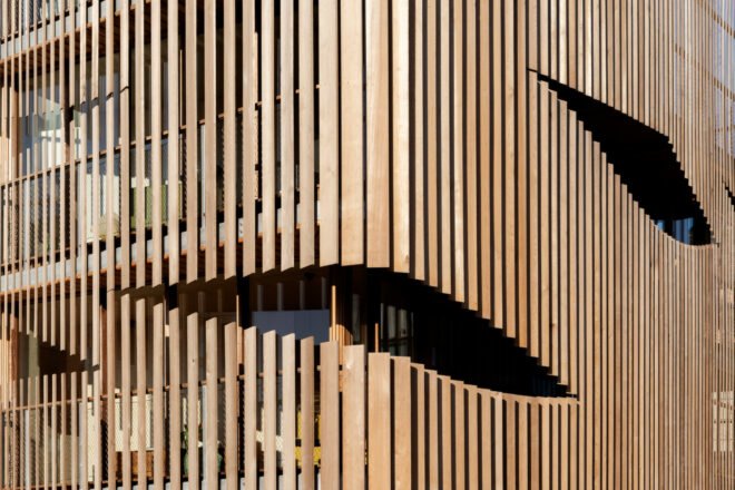 close-up of opening in timber slats
