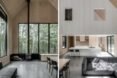 interior living space with lined in light wood panels with double-height, pitched ceilings