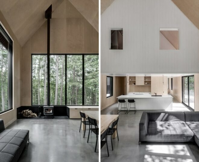 interior living space with lined in light wood panels with double-height, pitched ceilings