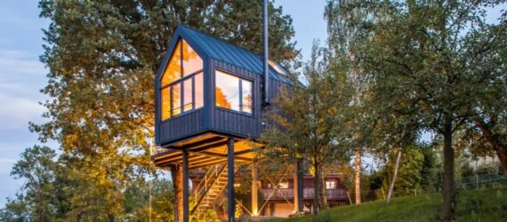 gabled treehouse surrounded by greenery