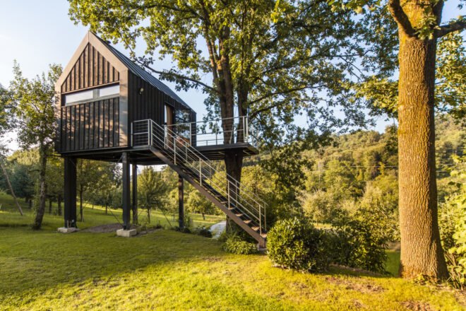 ladder leading to black metal treehouse