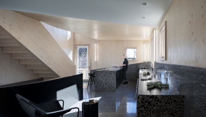 wood-lined room with gray floors