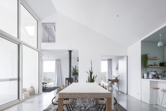 large wood table in dining room surrounded by white walls and minimalist designs and plants
