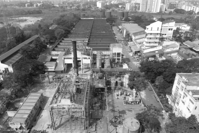 black and white image of old warehouse