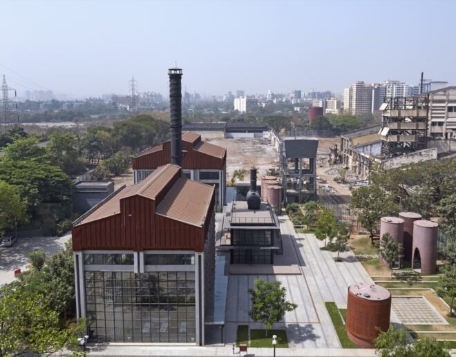 aerial view of old warehouse in a city