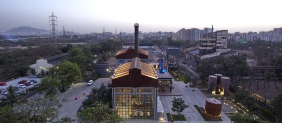aerial view of old warehouse in a city