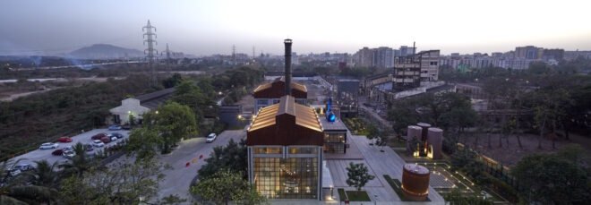 aerial view of old warehouse in a city