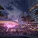 rendering of geometric building lit up by a purple light