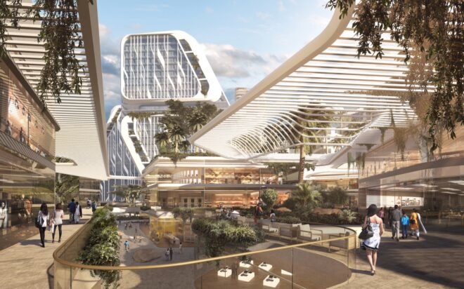 rendering of people walking around an open-air mall
