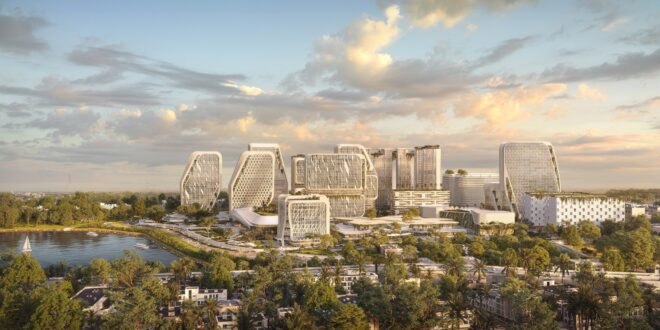 rendering of skyline with curvy white buildings