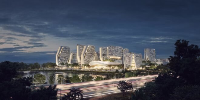 rendering of skyline filled with tall white and glass buildings