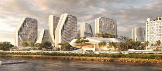 rendering of curvy white buildings