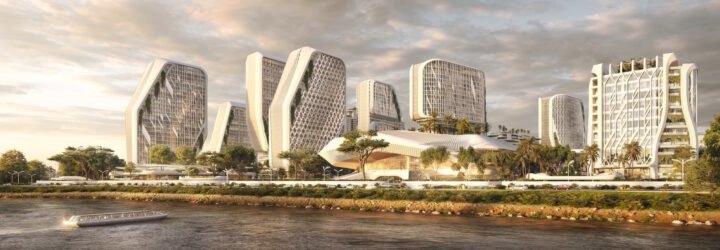 rendering of curvy white buildings