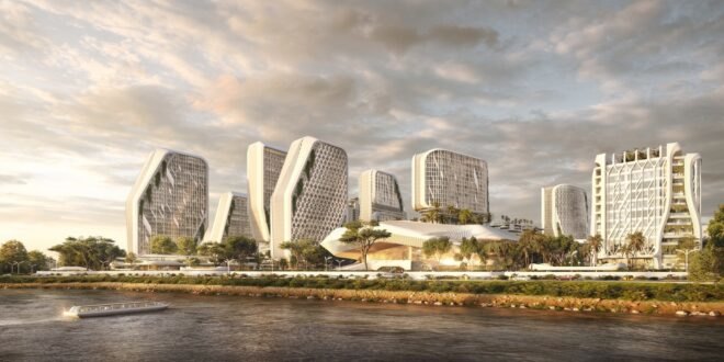 rendering of curvy white buildings
