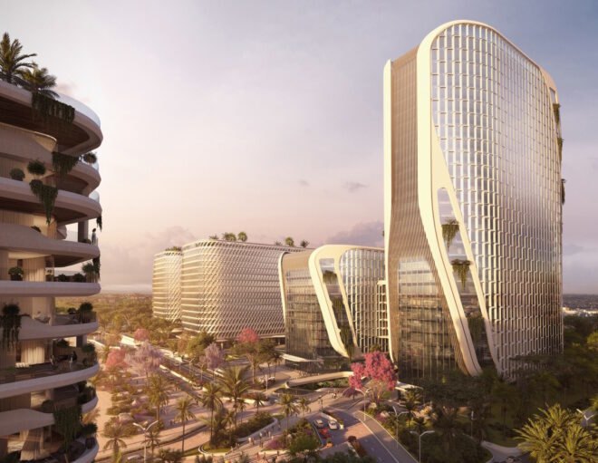 rendering of tall white buildings
