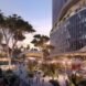 rendering of people dining in open-air space surrounded by plants
