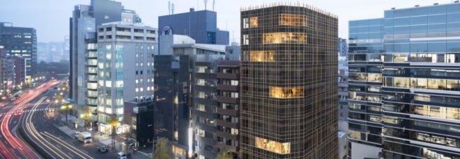 black building with timber grid facade