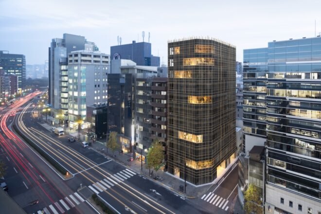 black building with timber grid facade
