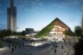 trapezoid-shaped building with sloping green roof