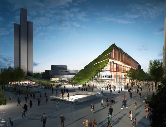 trapezoid-shaped building with sloping green roof