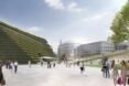 trapezoid-shaped building with sloping green roof in the summer